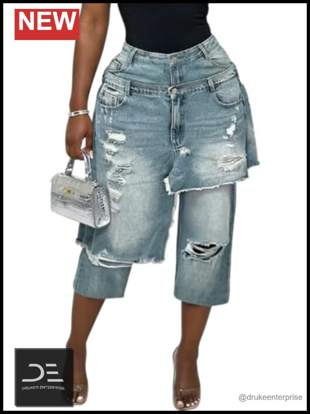 Women Ripped Wide Leg Jean Capris High Waisted Baggy Denim Shorts